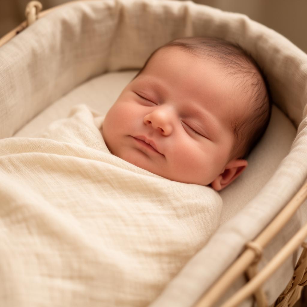 A peacefully sleeping newborn wrapped in a soft cream blanket